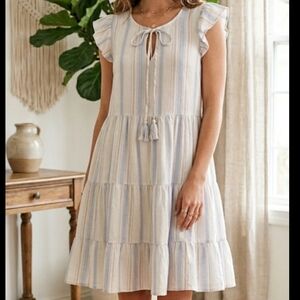 Altar'd state Striped Mini Dress Women's Medium White & Baby blue Tiered Cottage